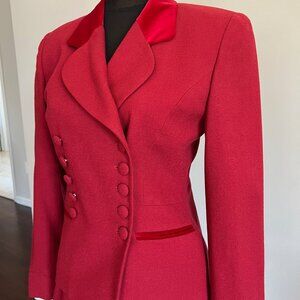 Vintage Christian Dior Red Wool Skirt Suit Set w/ Velvet Collar & Pocket Size 4